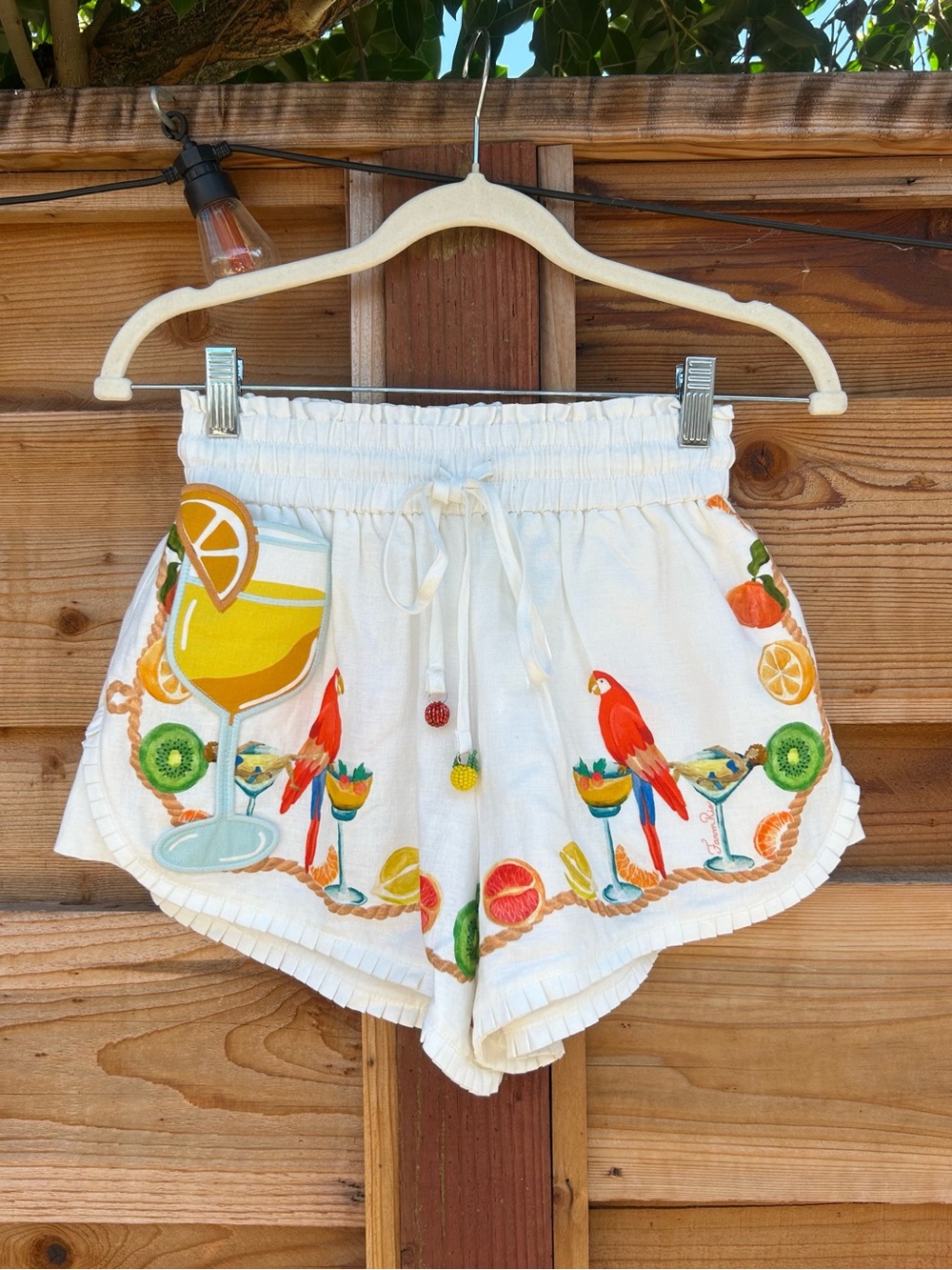 Farm Rio 100% Cotton Biricutico Scarf Bird Fruit Embroidered Drawstring Shorts